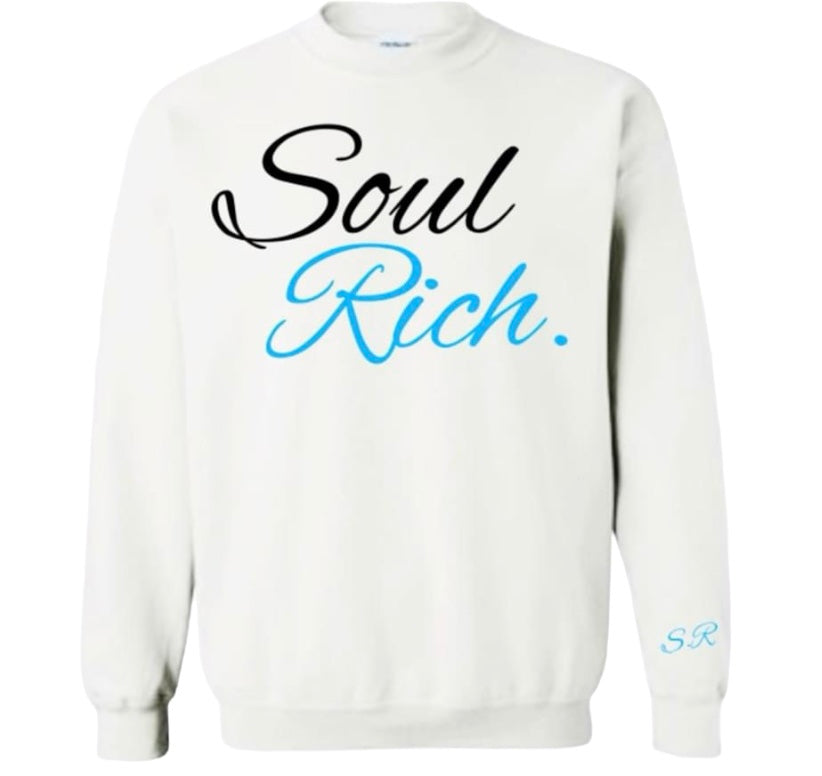 SOUL RICH “WHITE AND POWDER BLUE AND BLACK CREW NECK SWEAT SHIRT”