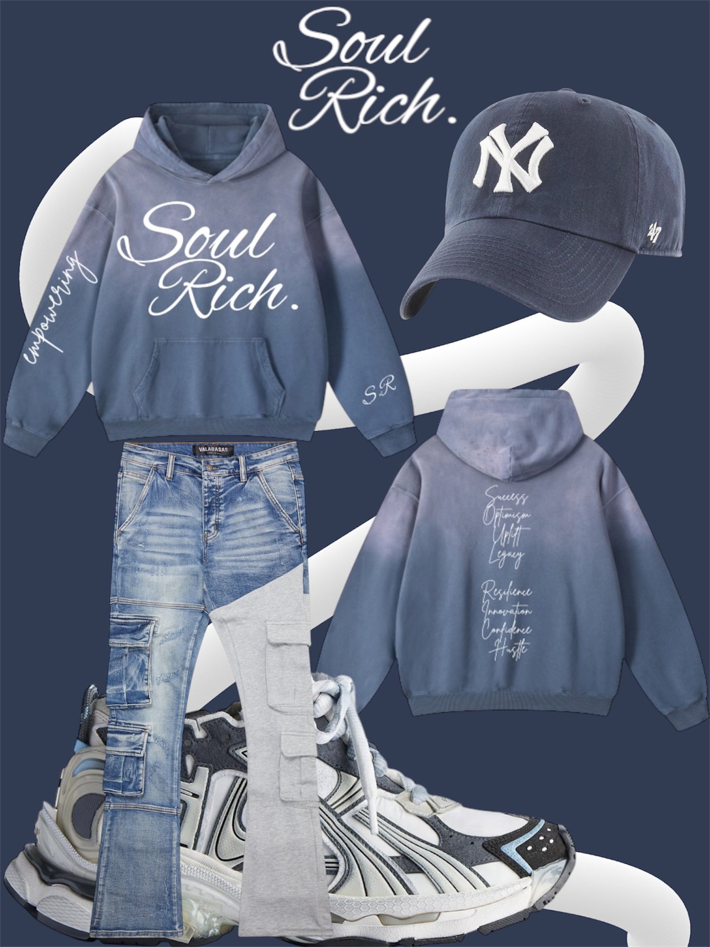 SOUL RICH “Blue And White Soul Rich LLC Acid Washed Oversized Luxury Hoodie”