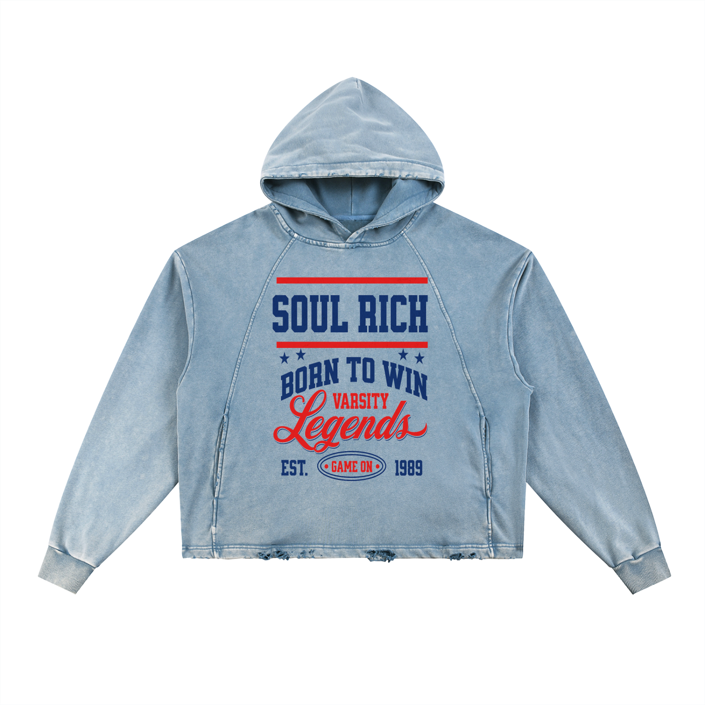 “SOUL RICH Vintage Washed Denim Hoodie – Frayed Hem, Streetwear Unisex”