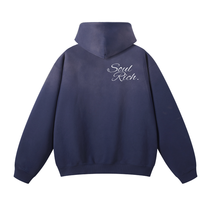 Navy Blue And White Unisex Monkey Washed Fleece Hoodie