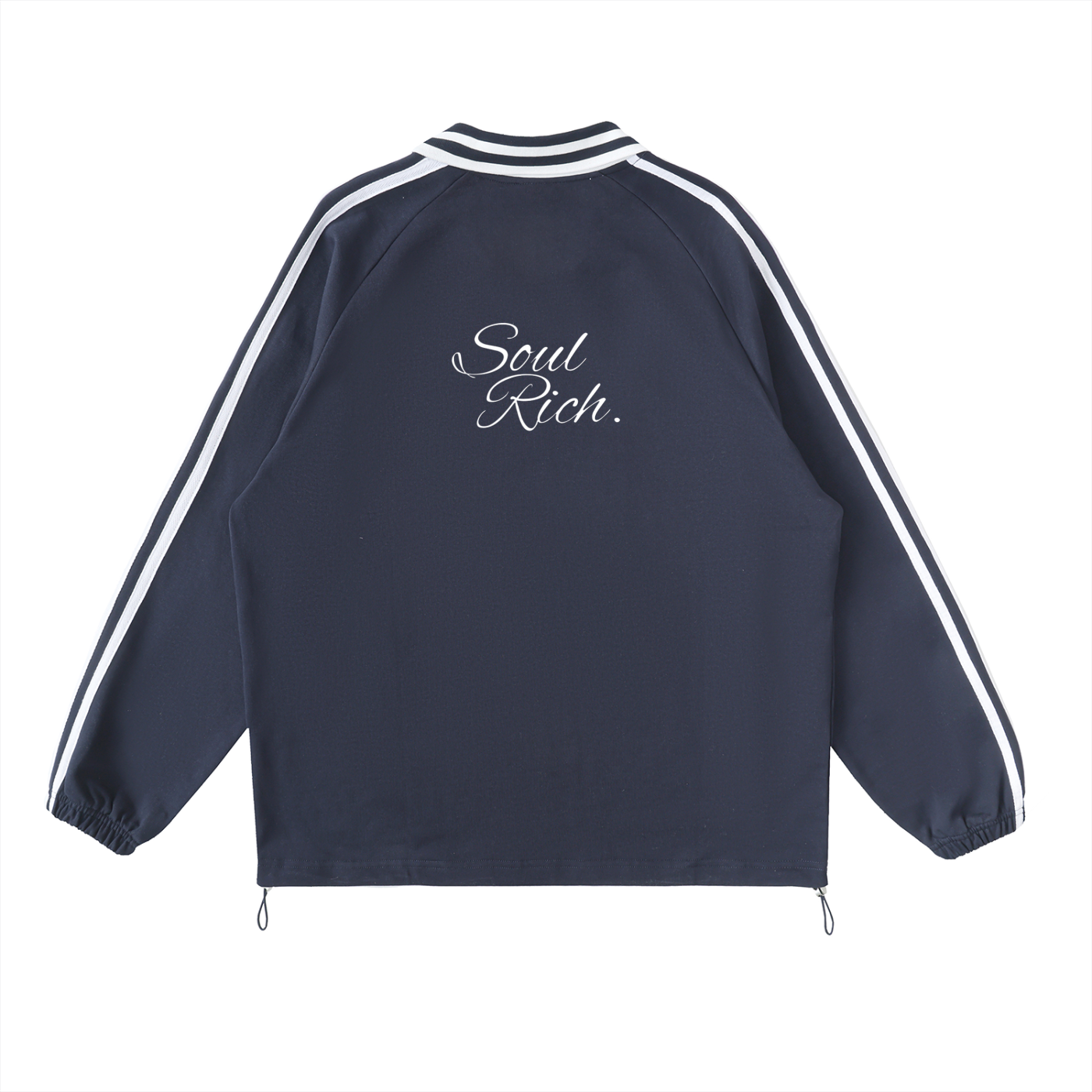 SOUL RICH “Sport Club” Contrast Striped Lapel Collar Rugby Sweatshirt-Navy Blue
