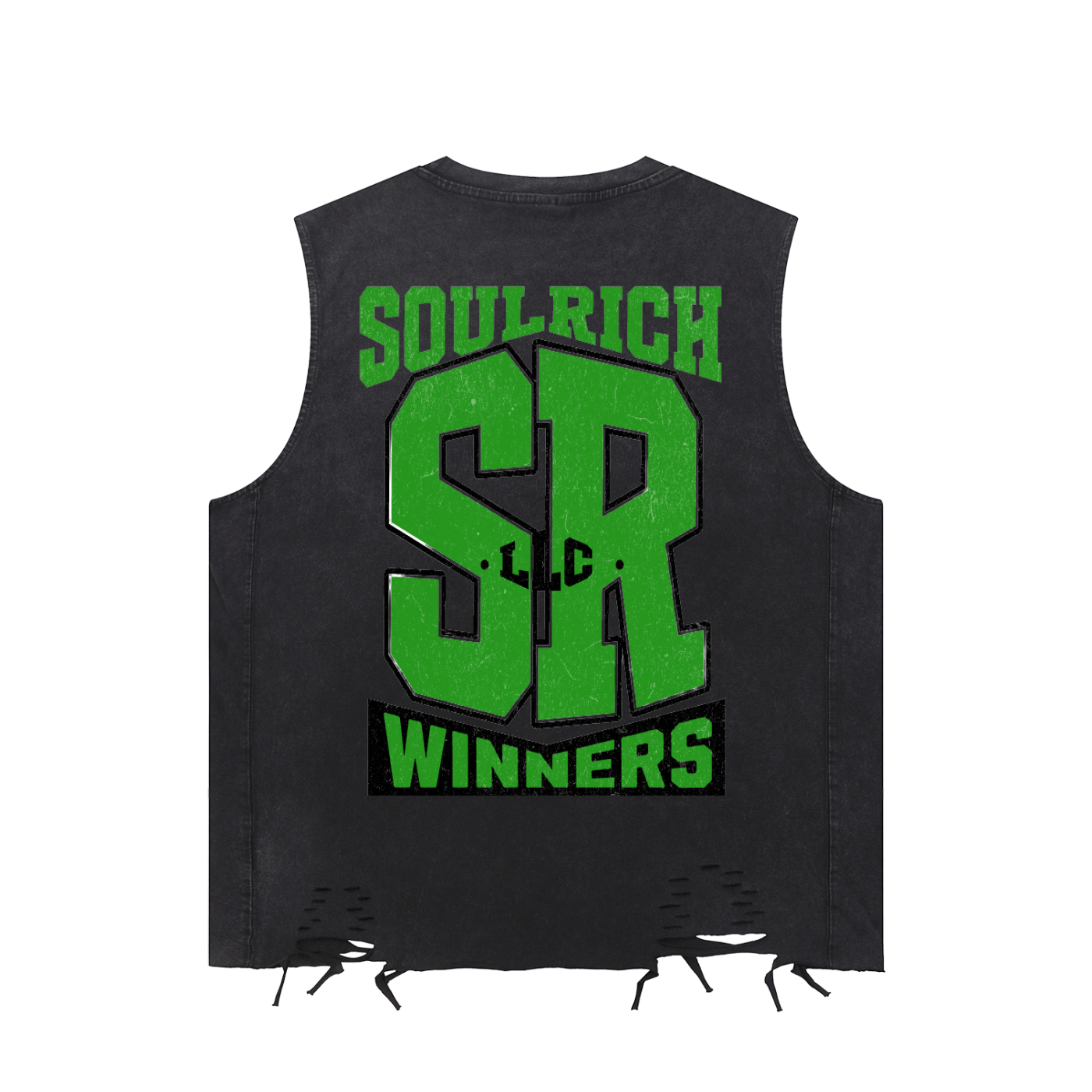 SOUL RICH “Black And Green Snow Washed Raw-Hem Tank Top”