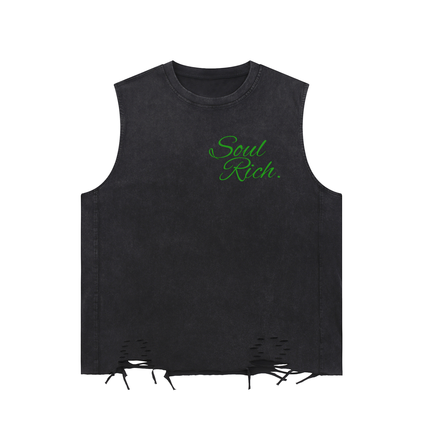 SOUL RICH “Black And Green Snow Washed Raw-Hem Tank Top”