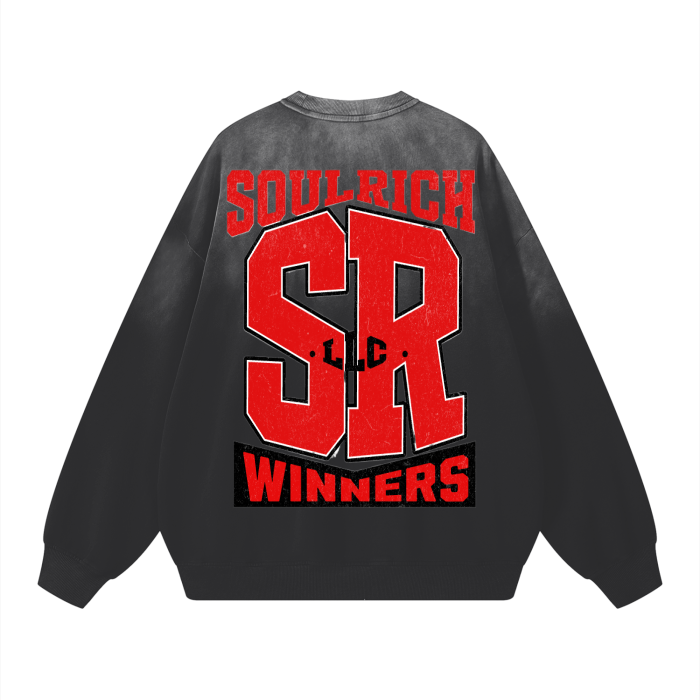 SOUL RICH “Pure Cotton Handcrafted BLACK VINTAGE Washed Drop-Shoulder Sweatshirt”