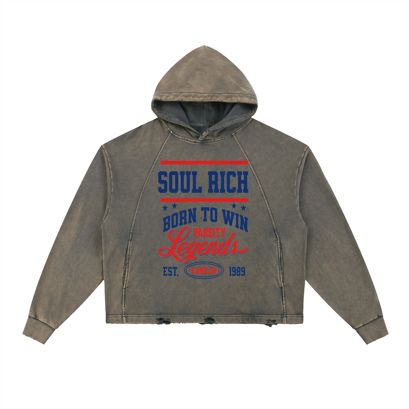 SOUL RICH Vintage Washed Frayed-Hem Hoodie (USA) Limited Edition
