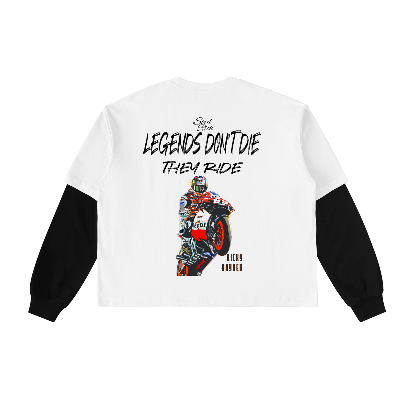 SOUL RICH “Legends Don’t Die,They Ride” Layered Contrast Sleeve T-Shirt (Limited Edition)