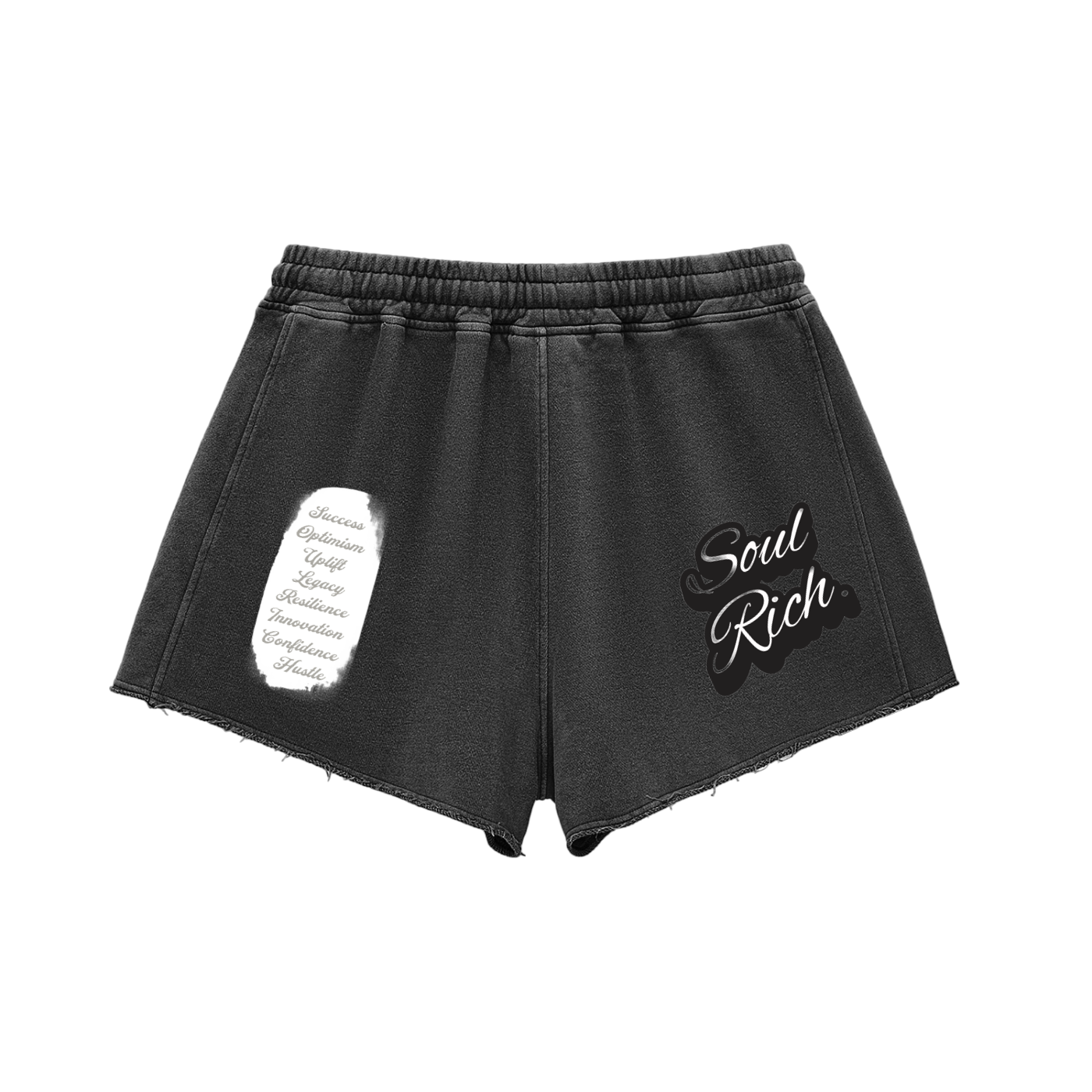 SOUL RICH “Women’s Black Snow Washed Raw Edge Drawstring Shorts”