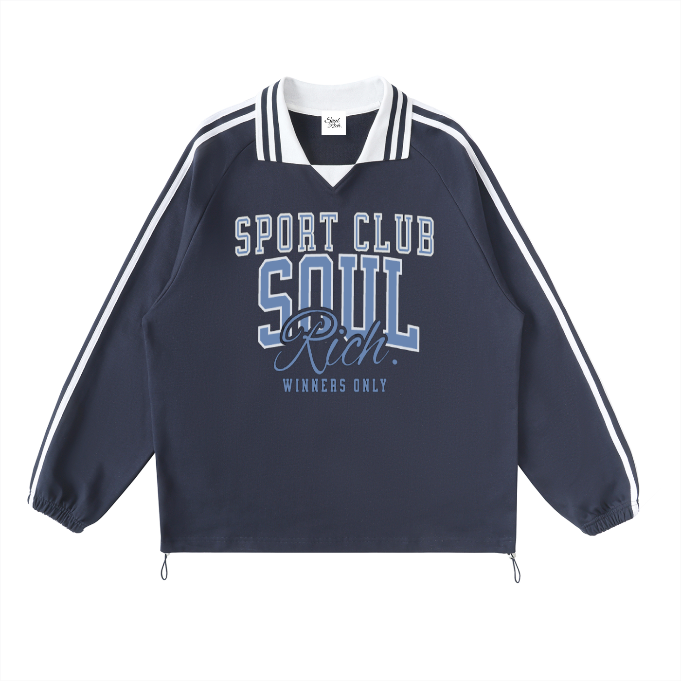 SOUL RICH “Sport Club” Contrast Striped Lapel Collar Rugby Sweatshirt-Navy Blue