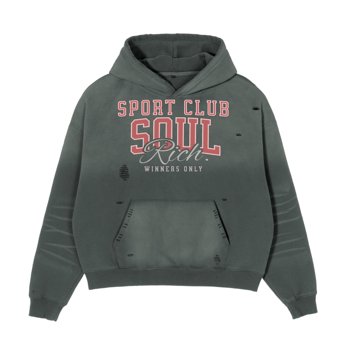 SOUL RICH “Sport Club Custom Frayed Sunfade Boxy Fleece Hoodie” Limited Edition