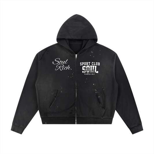 SOUL RICH “Sun Fade Frayed Raw Edge Fleece Zip Hoodie” Limited Edition