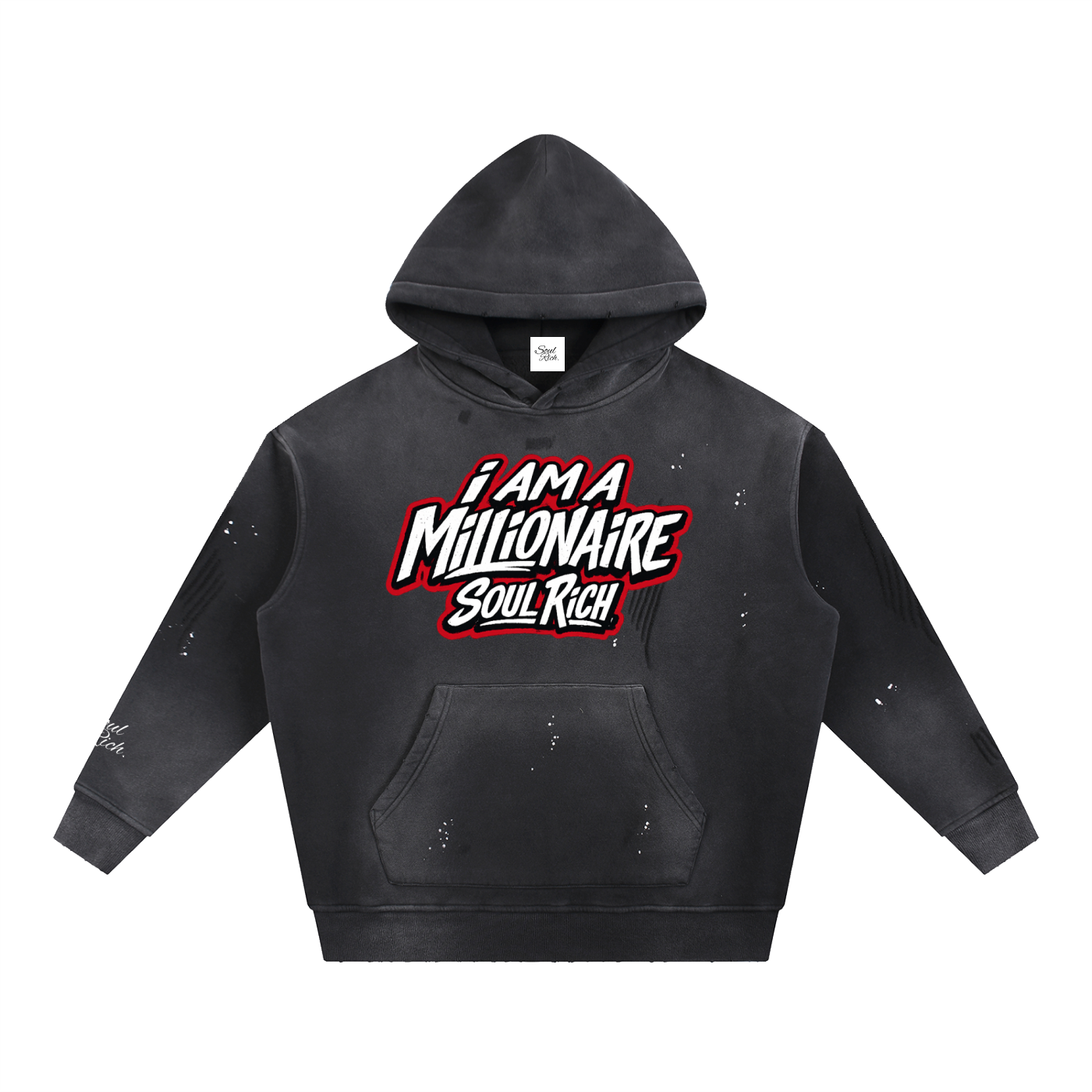 SOUL RICH I Am A Millionaire Vintage Washed Frayed Fleece Hoodie