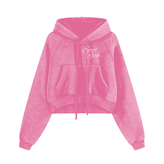 Women’s Pink and White Cropped Zip-Through Hoodie