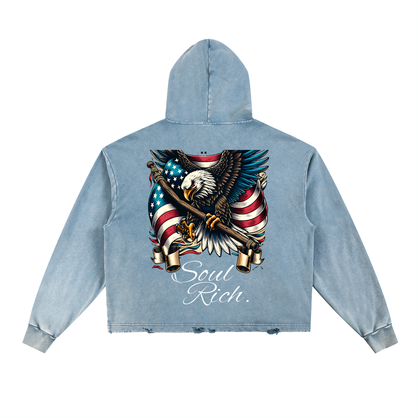 “SOUL RICH Vintage Washed Denim Hoodie – Frayed Hem, Streetwear Unisex”