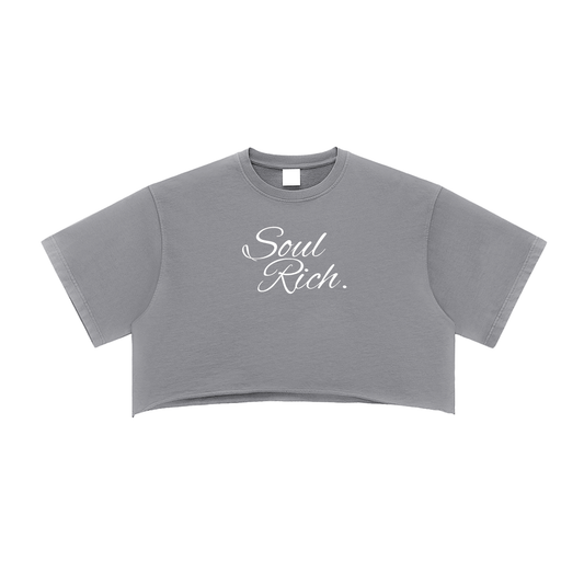 SOUL RICH “Women’s Snow Washed Raw Edge Gray Crop Top”