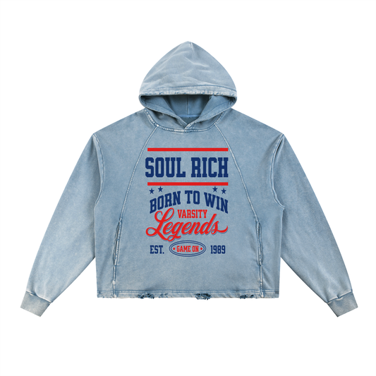 “SOUL RICH Vintage Washed Denim Hoodie – Frayed Hem, Streetwear Unisex”