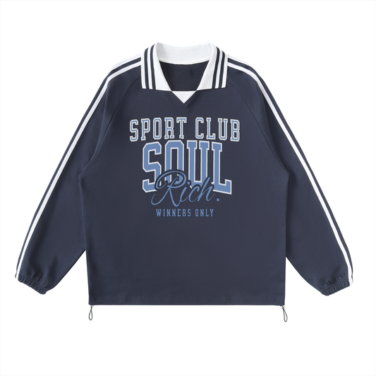 SOUL RICH “Sport Club” Contrast Striped Lapel Collar Rugby Sweatshirt-Navy Blue