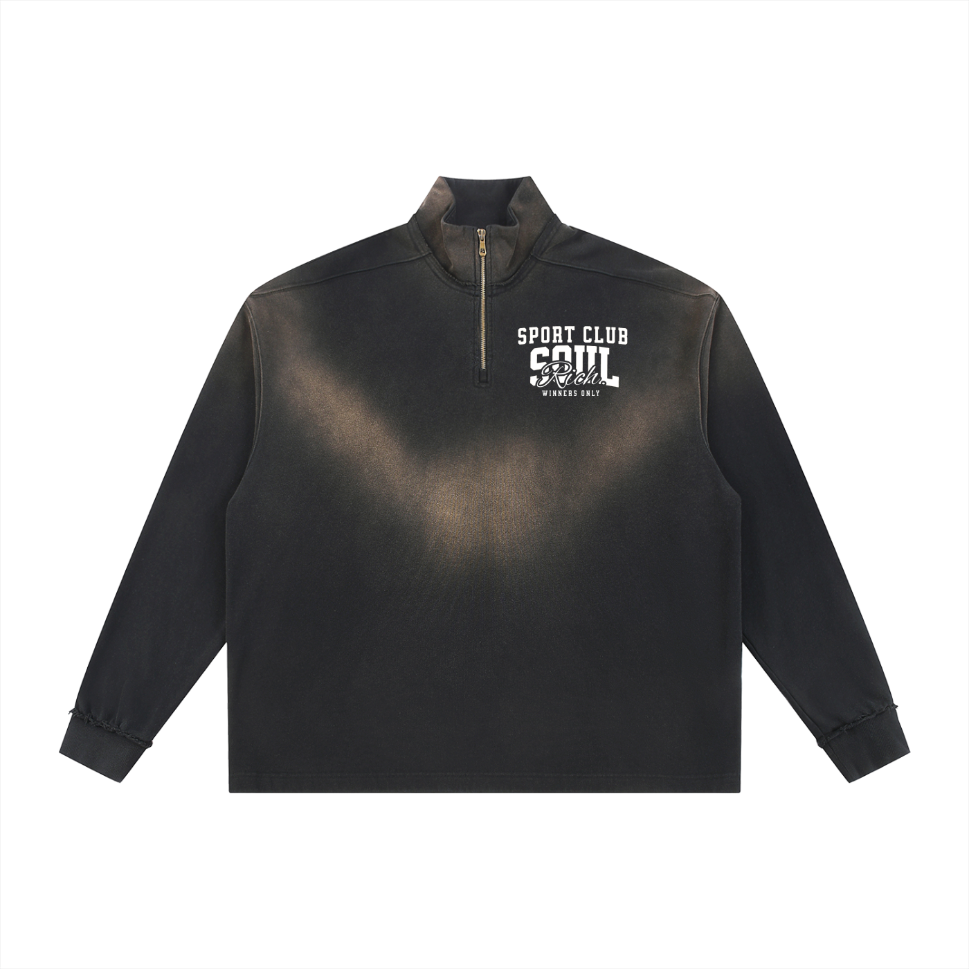 SOUL RICH “Sun Fade Raw Edge Quarter-Zip Sweatshirt”
