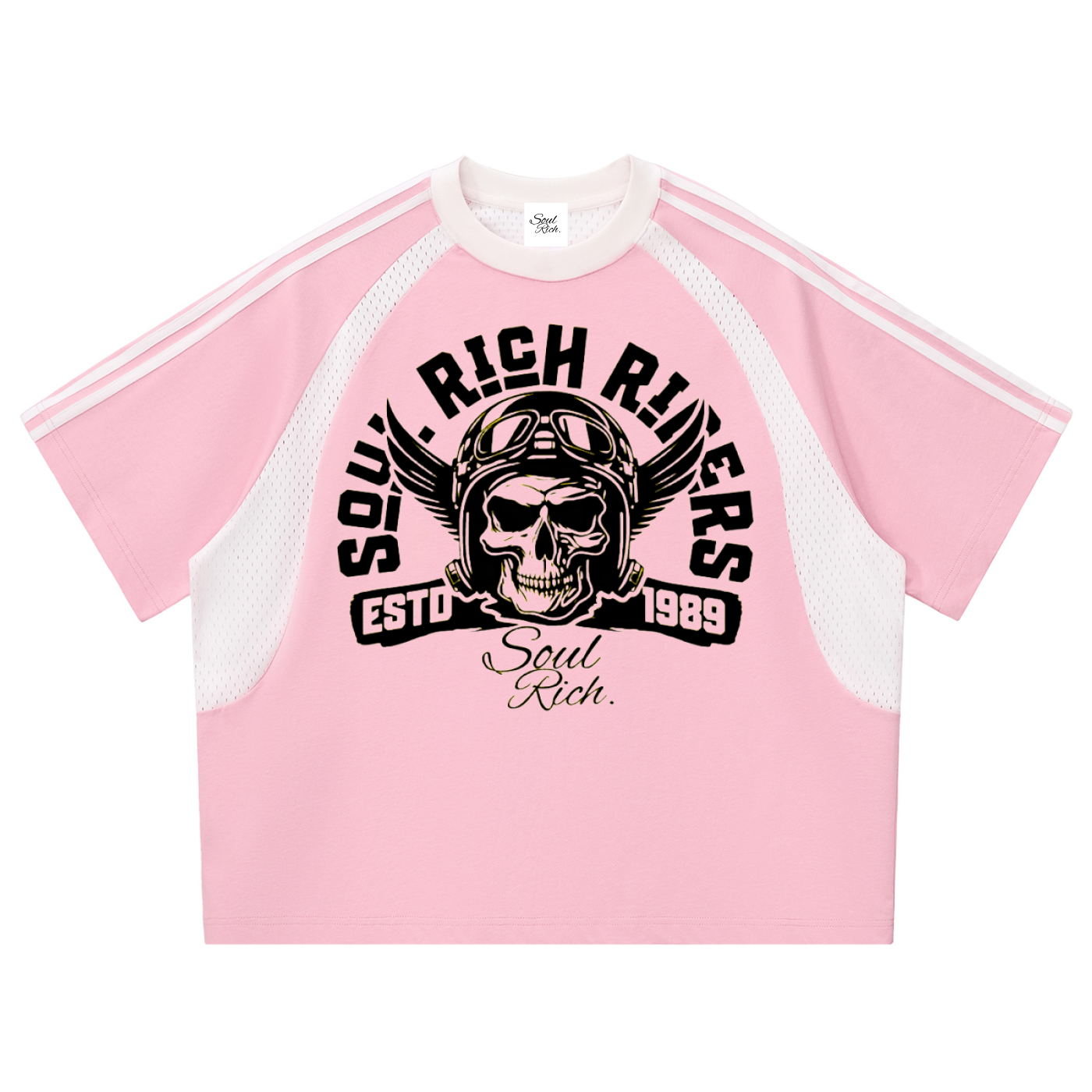 SOUL RICH Riders “Contrast Stripes Panel Mesh Pink T-shirt” Limited Edition