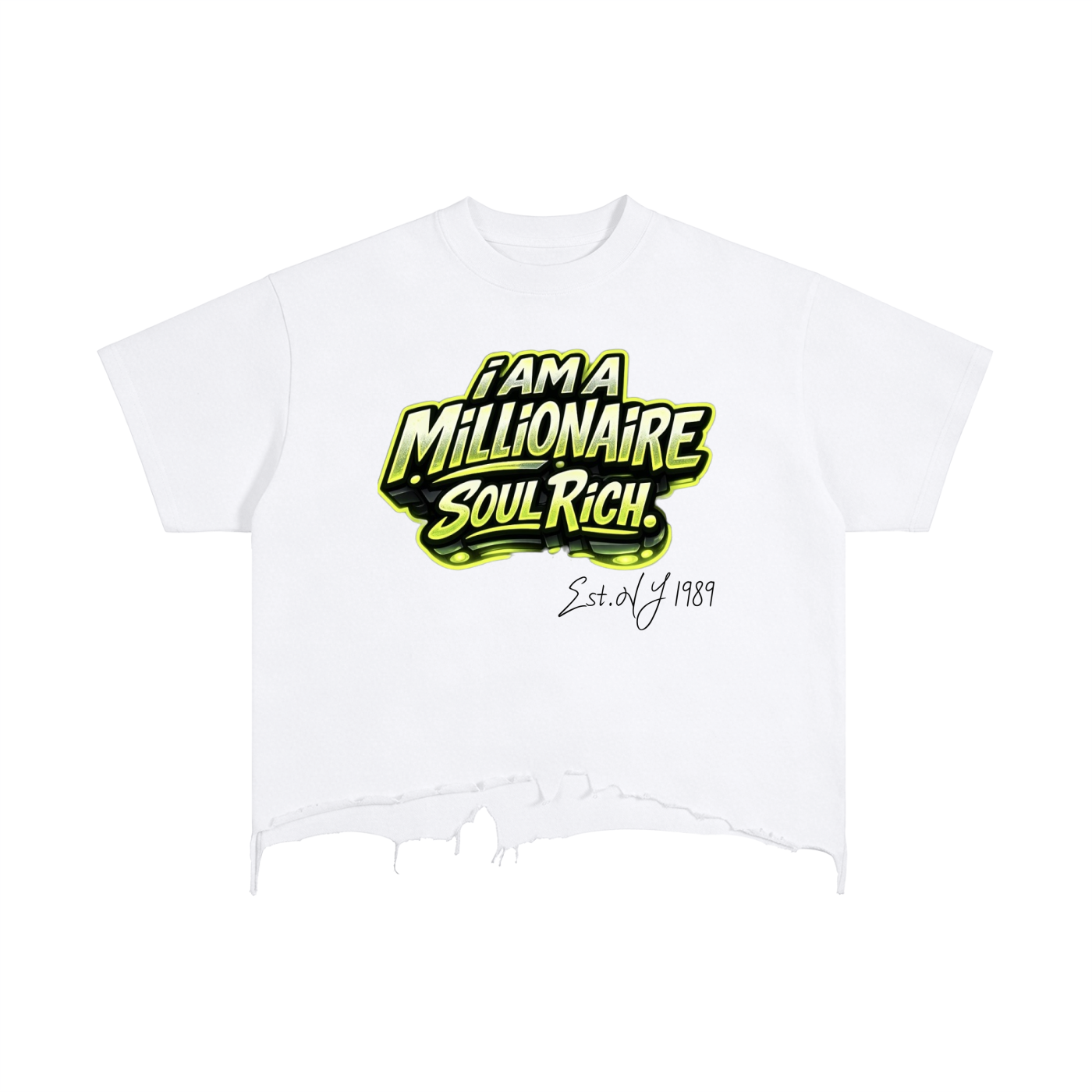 SOUL RICH I AM A MILLIONAIRE Vintage Wash Boxy Distressed Hem T-Shirt Rare Breed Edition