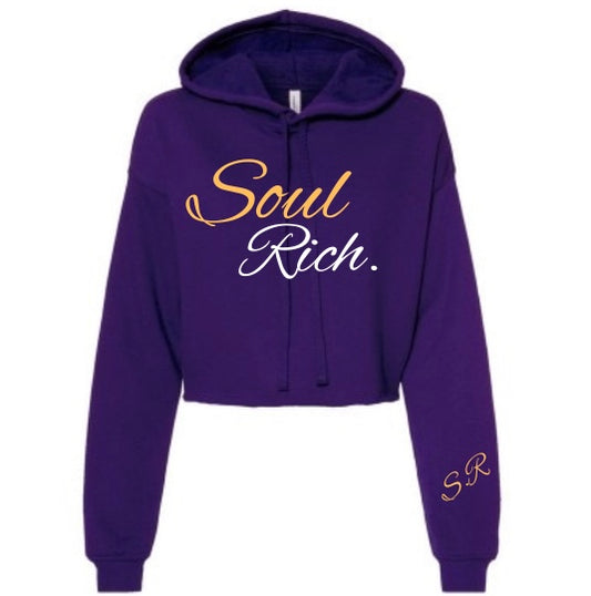 “PURPLE AND GOLD SOUL RICH LLC WOMENS CROPPED TOP HOODIE” (EAST HIGH SCHOOL ORIENTALS EDITION)