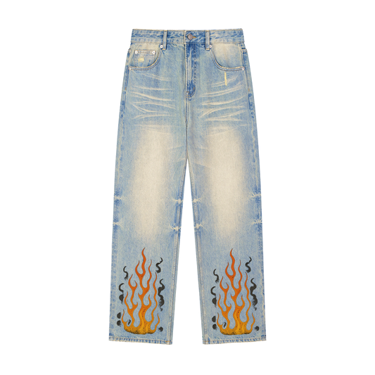 SOUL RICH Sun Fade Raw Hem Denim Flame Jeans - Limited Edition