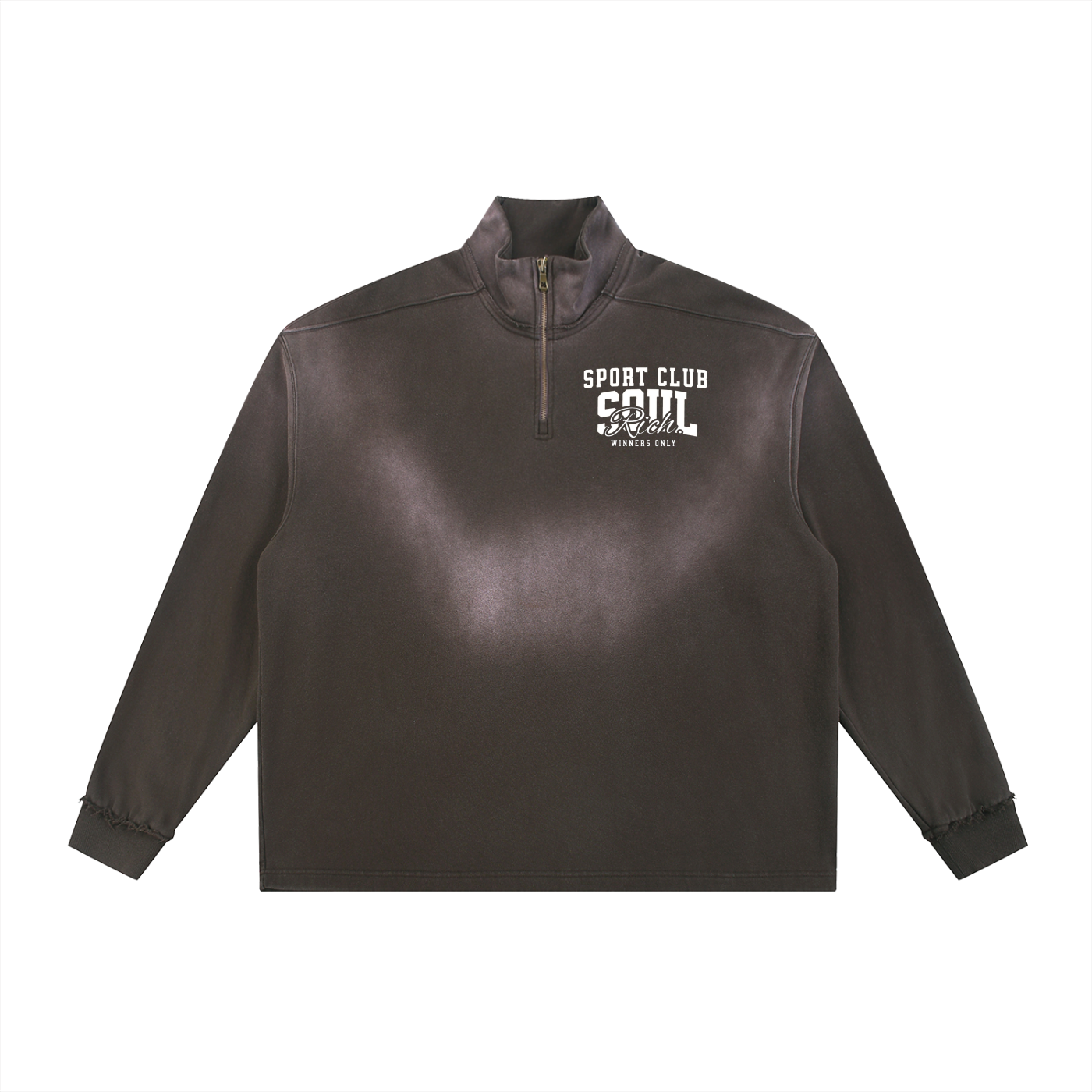 SOUL RICH “Sun Fade Raw Edge Quarter-Zip Sweatshirt”