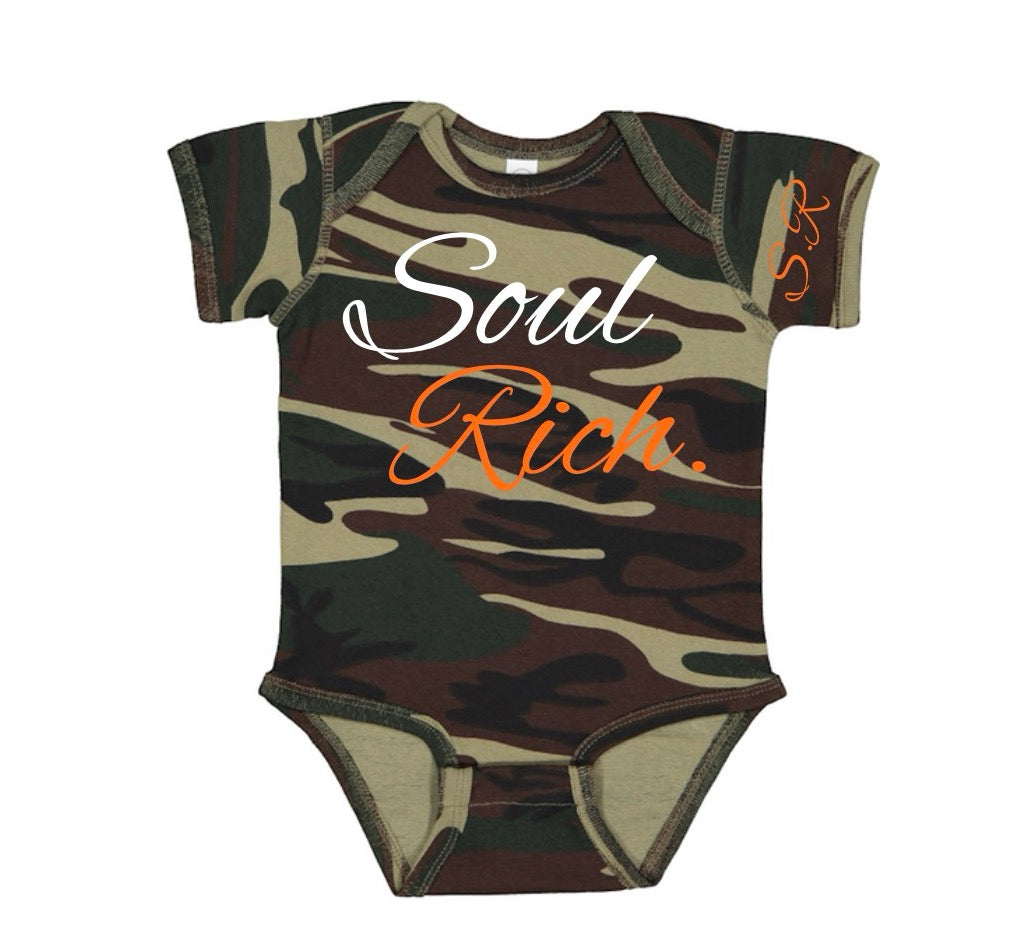 CAMOUFLAGE,WHITE AND ORANGE SOUL RICH LLC BABY ONESIE