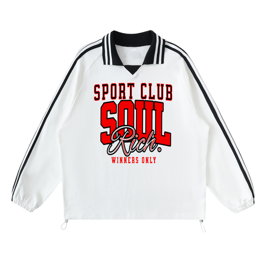 White Soul Rich “Sport Club Contrast Striped Lapel Collar Sweatshirt” (Limited Edition)