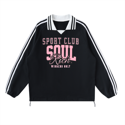 SOUL RICH Sport Club Rugby Sweatshirt – Contrast Striped Lapel Collar (Unisex) Limited Edition
