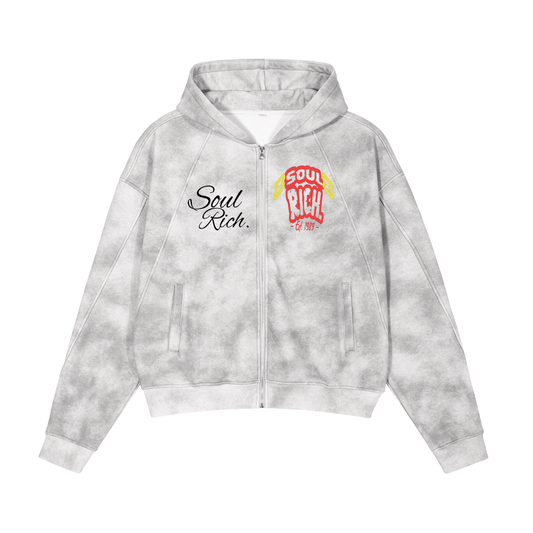 Soul Rich Dirty Washed Zip-Up Fleece Hoodie (Limited Edition) Solar Red logo