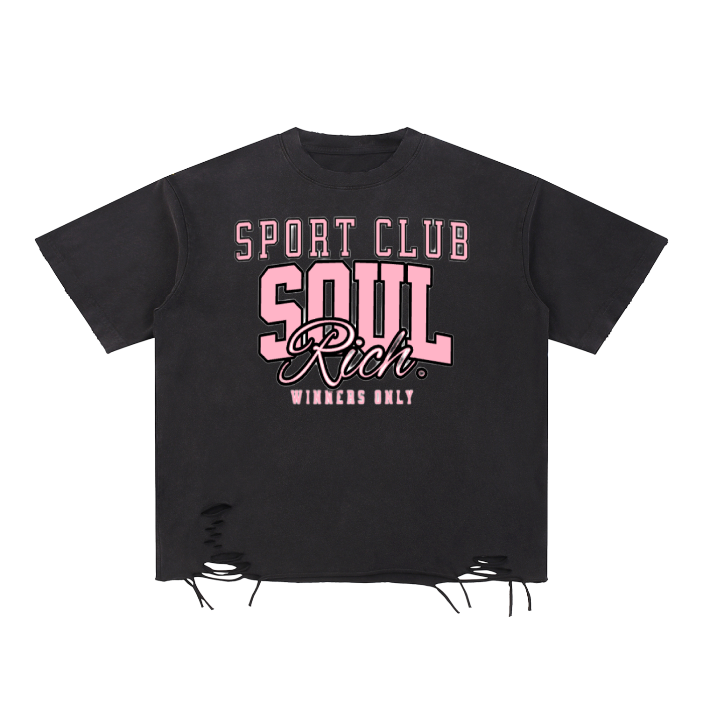 SOUL RICH “Sport Club Snow Washed Raw-Hem Black T-Shirt” Limited Edition