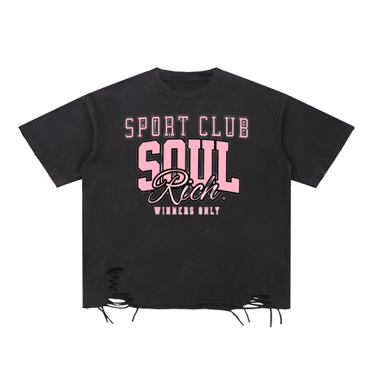 SOUL RICH “Sport Club Snow Washed Raw-Hem Black T-Shirt” Limited Edition