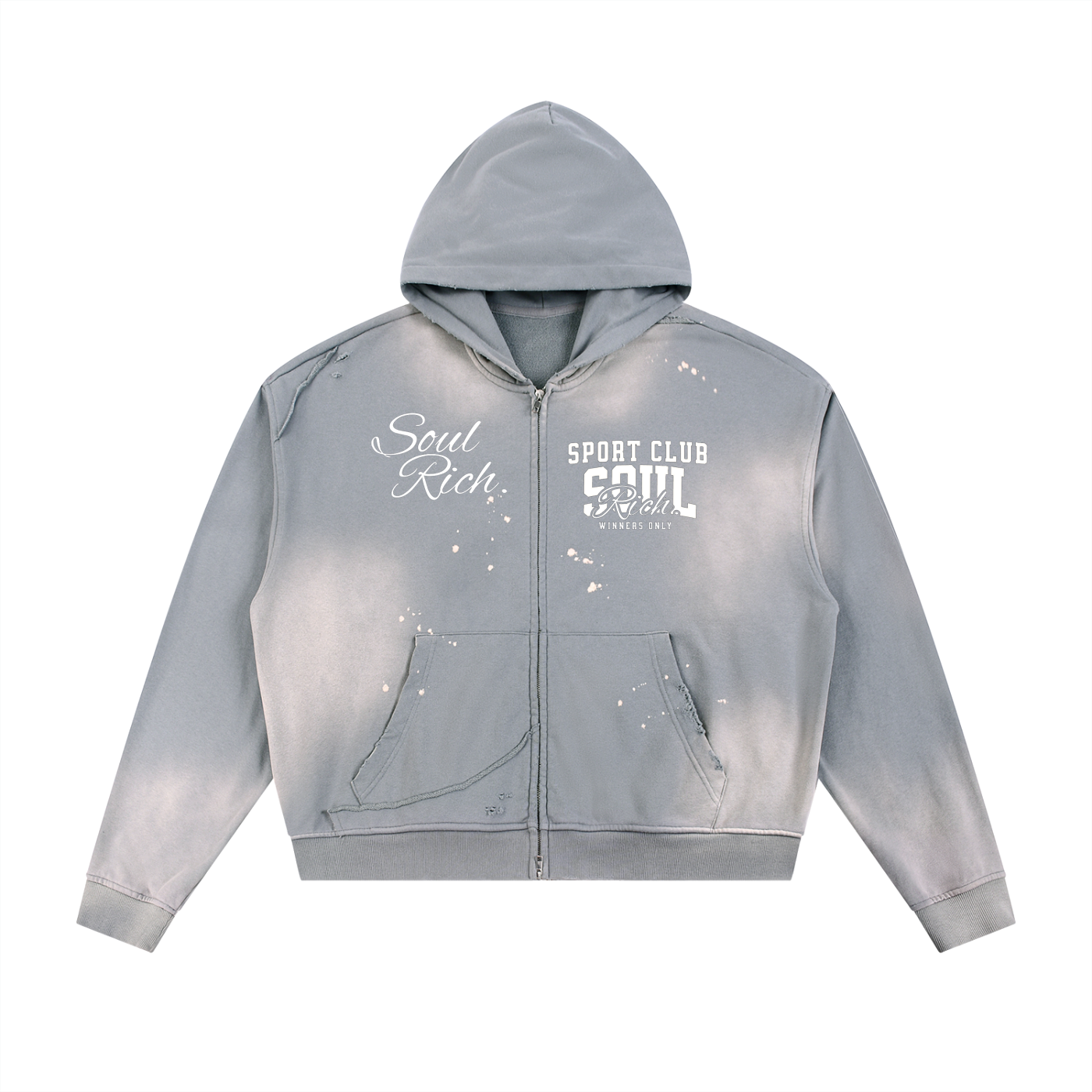SOUL RICH “Sun Fade Frayed Raw Edge Fleece Zip Hoodie” Limited Edition