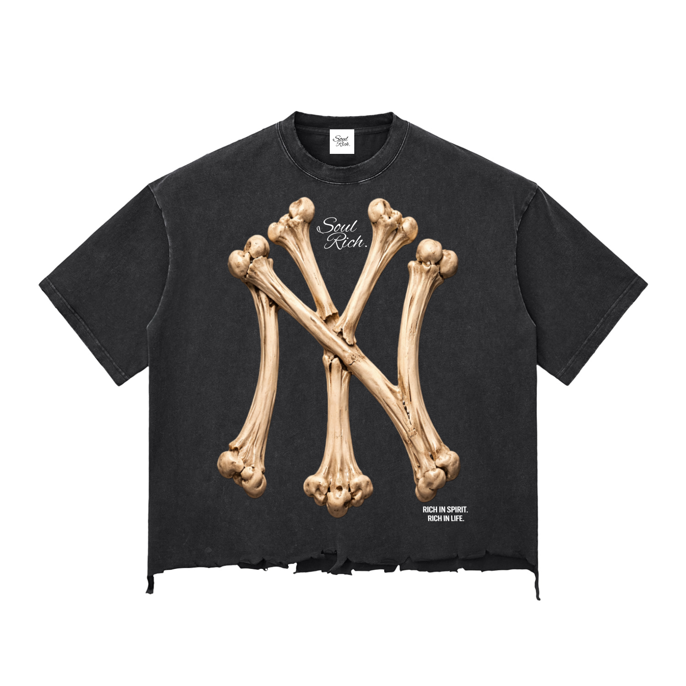 SOUL RICH Snow Wash Raw-Hem Boxy T-Shirt – Washed Black Limited Edition