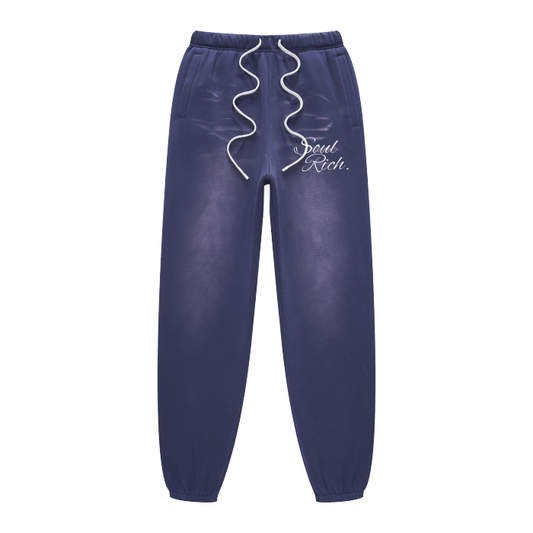 Navy Blue And White Unisex Monkey Washed Fleece Joggers