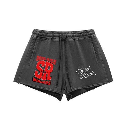 SOUL RICH “Women’s Black Snow Washed Raw Edge Drawstring Shorts”