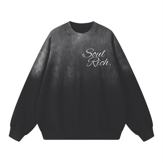 SOUL RICH “Pure Cotton Handcrafted BLACK VINTAGE Washed Drop-Shoulder Sweatshirt”