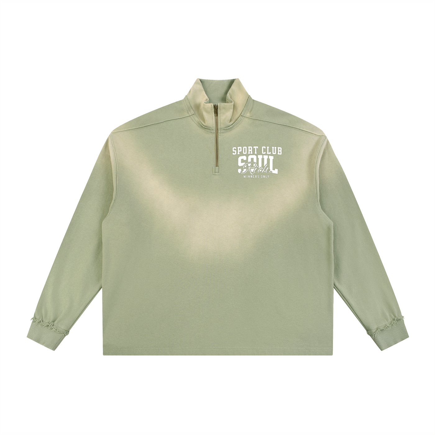 SOUL RICH “Sun Fade Raw Edge Quarter-Zip Sweatshirt”
