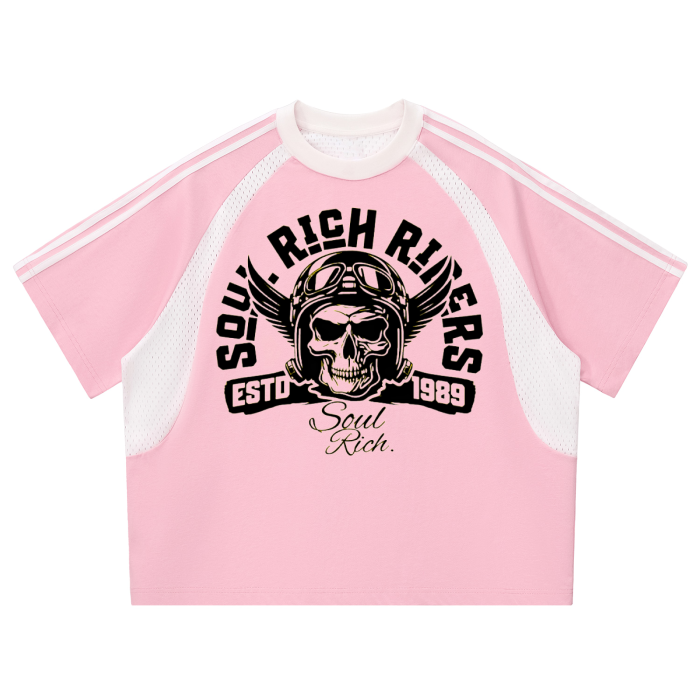 SOUL RICH Riders “Contrast Stripes Panel Mesh Pink T-shirt” Limited Edition