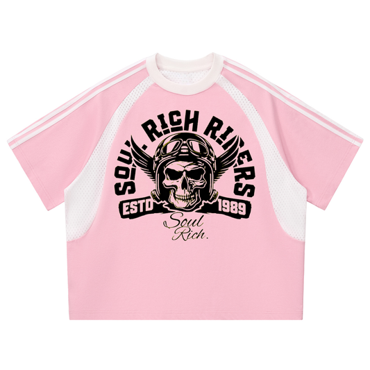 SOUL RICH Riders “Contrast Stripes Panel Mesh Pink T-shirt” Limited Edition